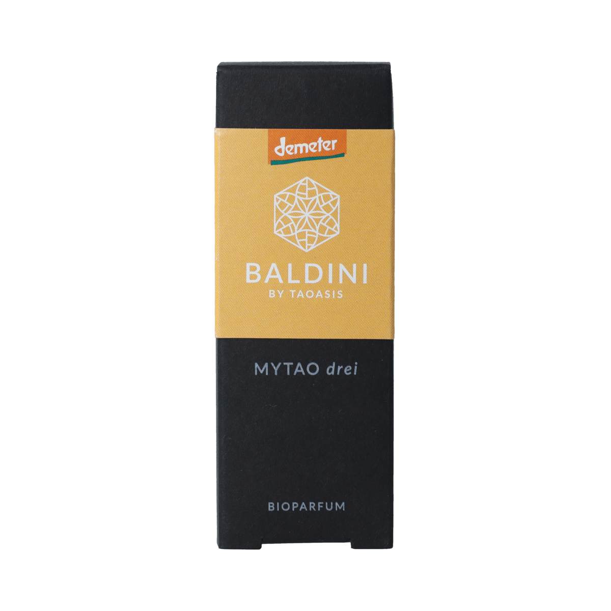 Baldini Mytao parfum drie bio demeter bottle, 15ml, featuring a sleek design with natural and organic fragrance branding.