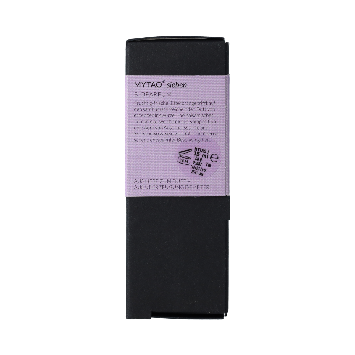 Baldini Mytao parfum zeven bio demeter bottle with elegant label, 15ml, showcasing natural fragrance product.