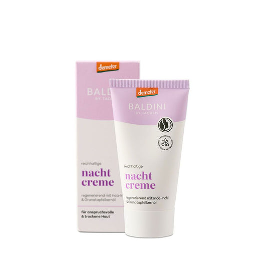 Baldini Rijke Nachtcreme Lavendel Demeter facial skincare jar with lavender scent, 50ml, shown with lid off revealing cream inside.