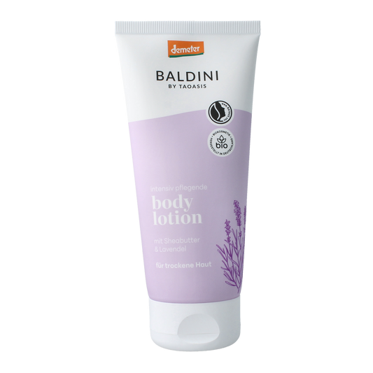 Baldini lavender body lotion in 200ml bottle, moisturizing body care with calming lavender scent, Demeter brand product.