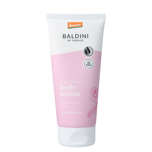 Baldini Rose Demeter body lotion in 200ml bottle, moisturizing skincare product with floral rose scent.