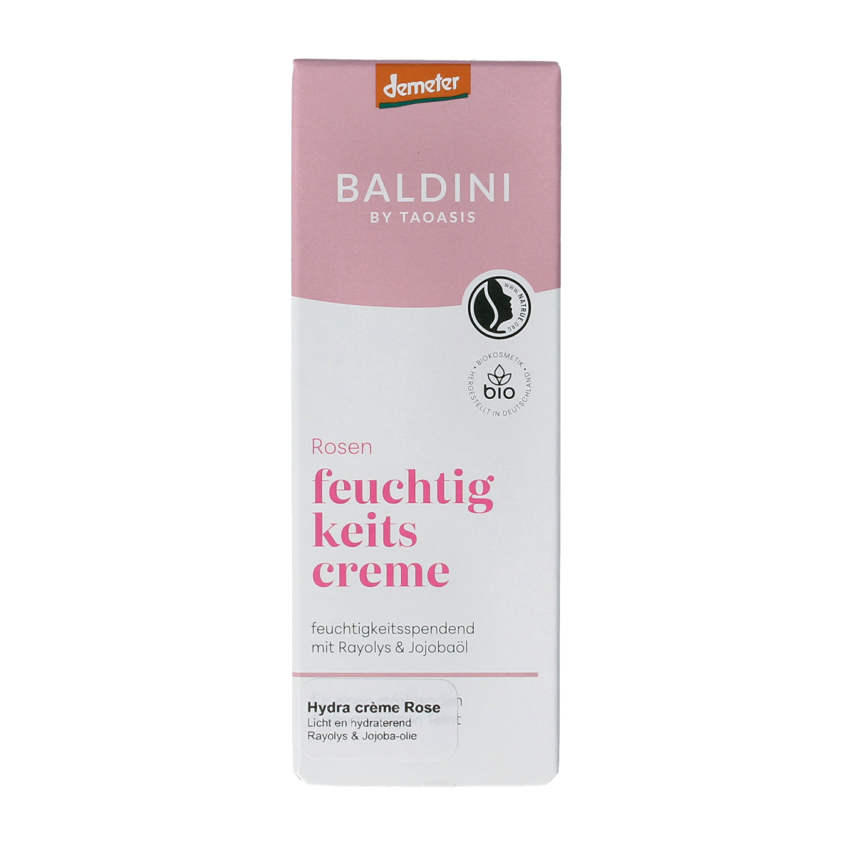 Baldini Lichte Creme Hydraterend Rose Demeter 50ml face moisturizer in a white jar with pink rose design