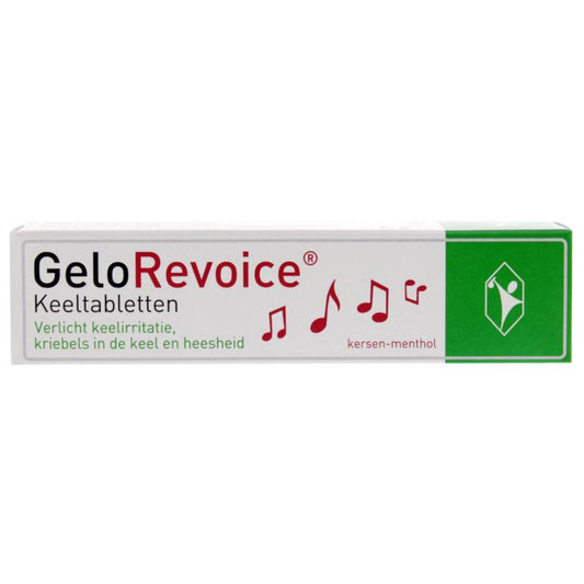 Gelorevoice cherry menthol throat lozenges in a blister pack, designed for sore throat relief and soothing discomfort.