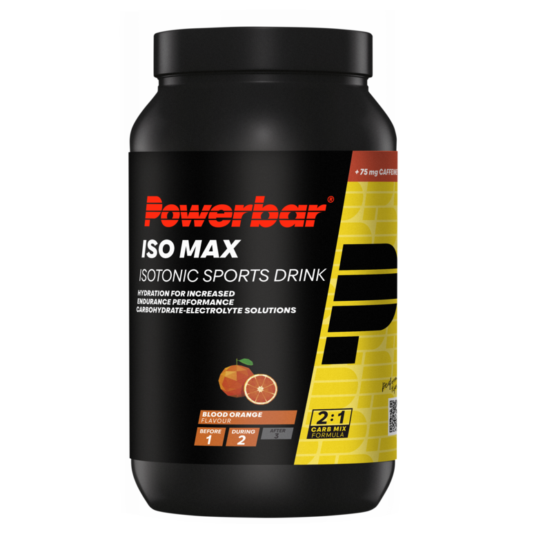 Powerbar Isomax blood orange sport nutrition powder container, 1200 grams, with vibrant label and orange flavor design.