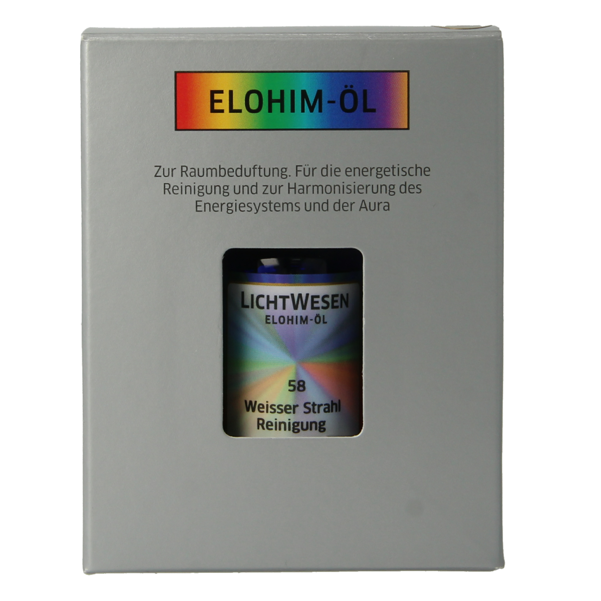 Lichtwesen Elohim olie verheldering wit 58ml bottle with white label and dropper cap, used for spiritual enlightenment.