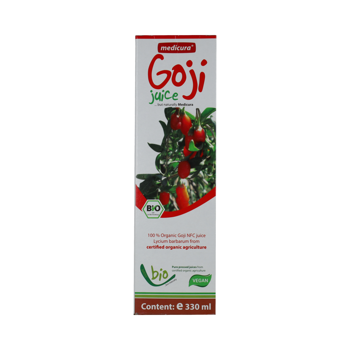 Medicura Goji 100% Sap Bio bottle with label, 330ml, showing the natural product packaging and branding.