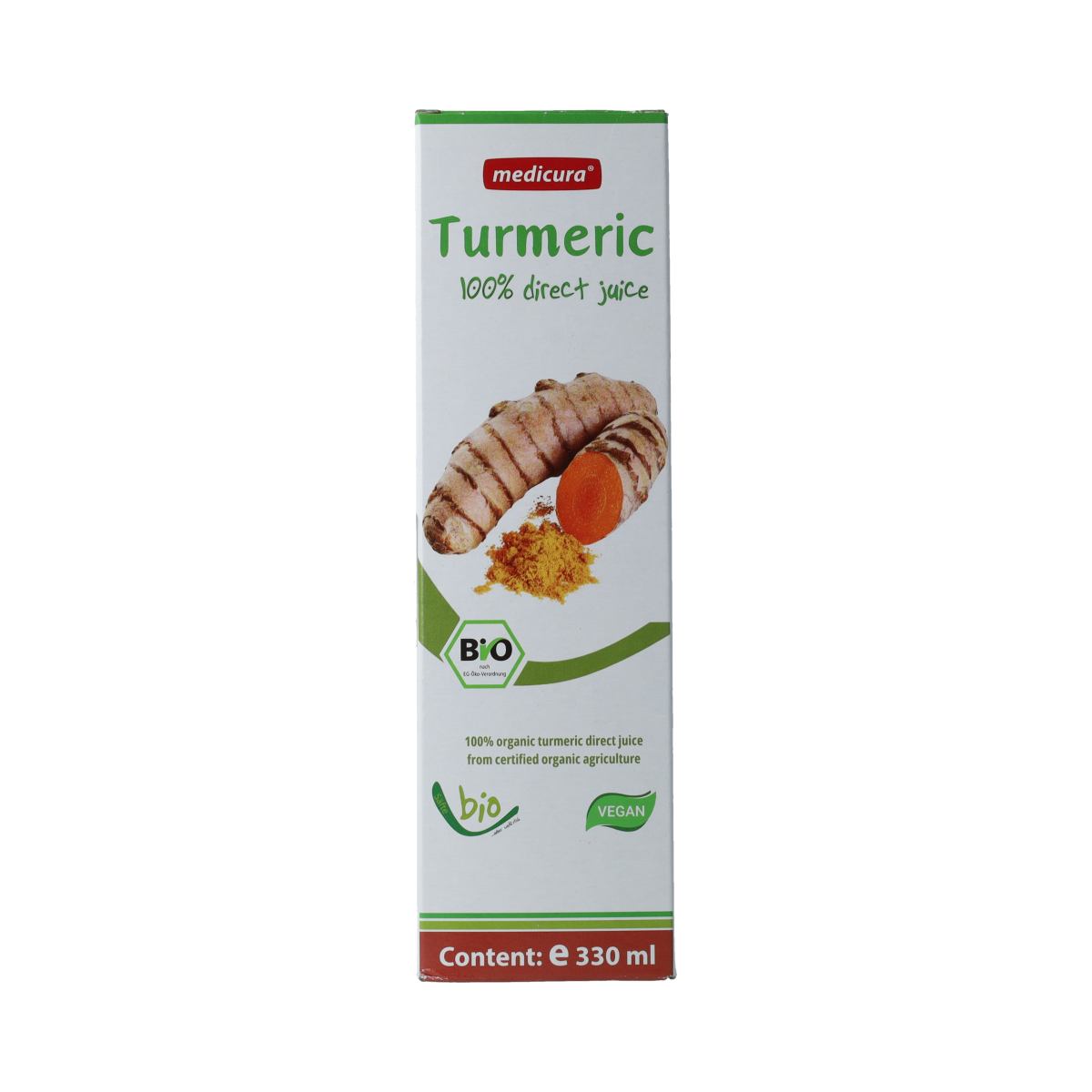 Medicura Curcuma 100% sap bio in 330ml bottle, natural turmeric juice from Medicura, transparent bottle with yellow liquid inside.
