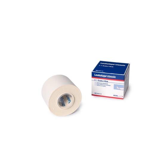 Leukotape Classic 10m x 3.75cm sports tape and elastic bandage for support and injury prevention, shown in the product image.