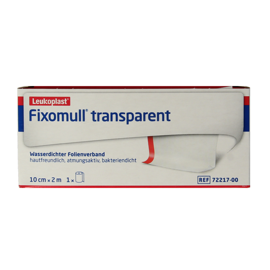 Fixomull transparent adhesive bandage 2m x 10cm for quick wound coverage, shown on a medical surface.