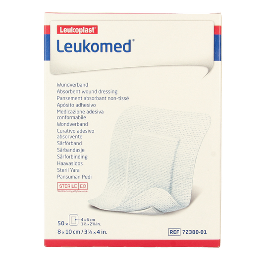 Sterile Leukomed wound dressing, 8x10cm, from Leukomed, displayed in a box of 50 sterile wound dressings.