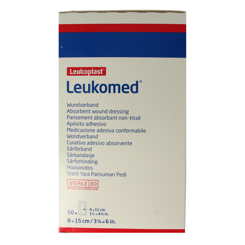 Sterile Leukomed wound dressing, 8x15cm, pack of 50, for wound care and protection.