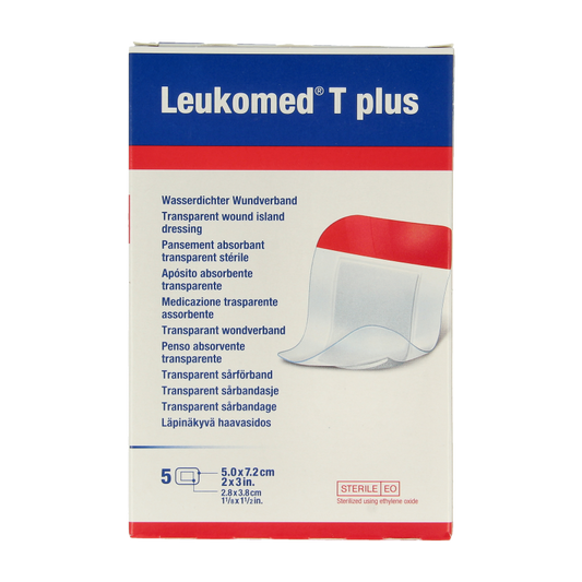 Leukomed Transparant wondverband T plus absorberende verbanden, 5cm x 7.2cm, set van 5, geschikt voor wondzorg.