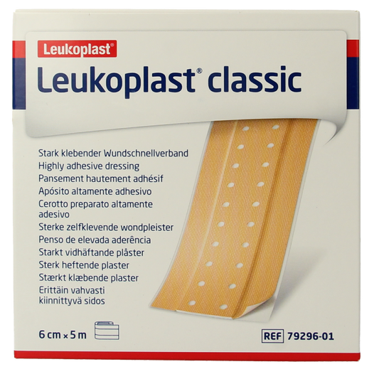 Leukoplast Classic medical adhesive tape roll, 5m x 6cm, for wound dressing and skin protection.