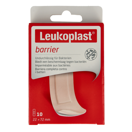 Leukoplast Barrier 22x72mm medical waterproof adhesive tape on a roll for skin protection and wound care.