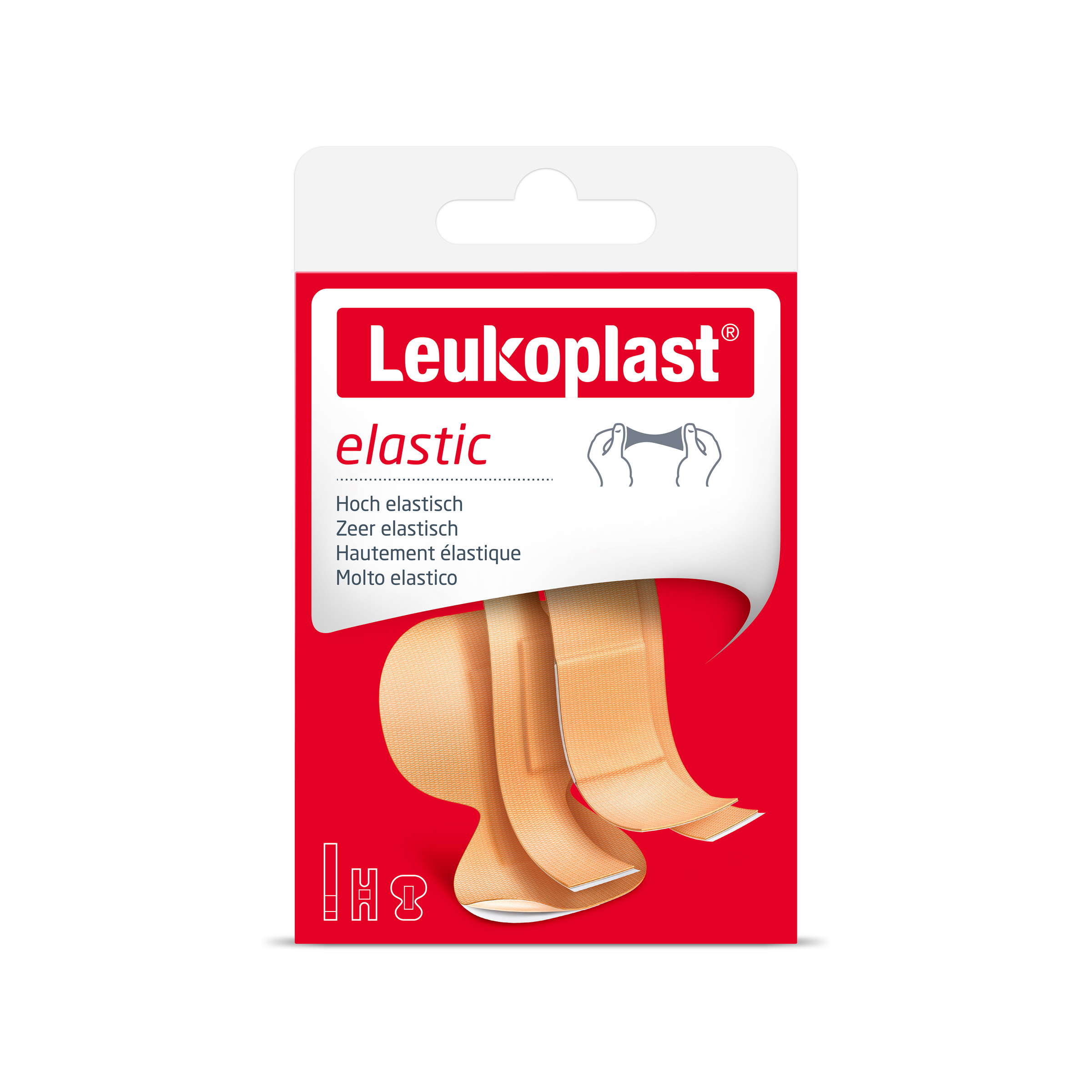 Leukoplast Elastic mix adhesive bandages and tape in a box of 20, suitable for wound care and flexible support.