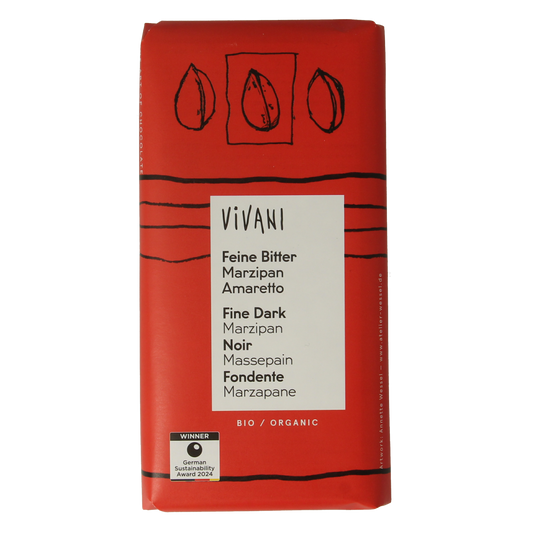 Vivani dark chocolate with marzipan and amaretto filling, 100g, showing the chocolate bar with marzipan and almond pieces.