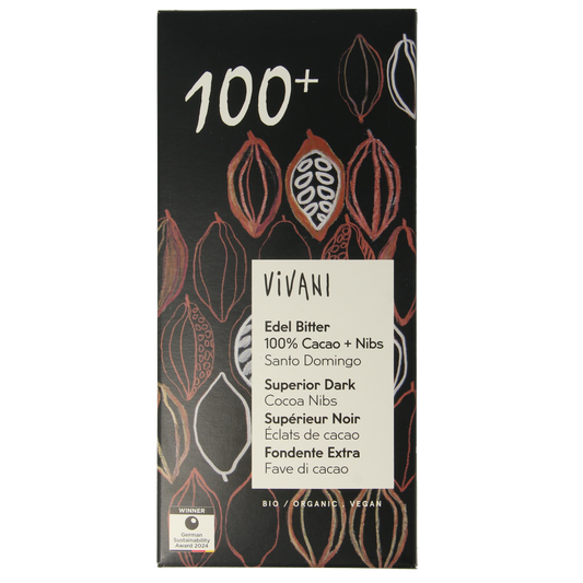 Vivani Chocolade puur 100% + cacao nibs bio 80.00 Gram