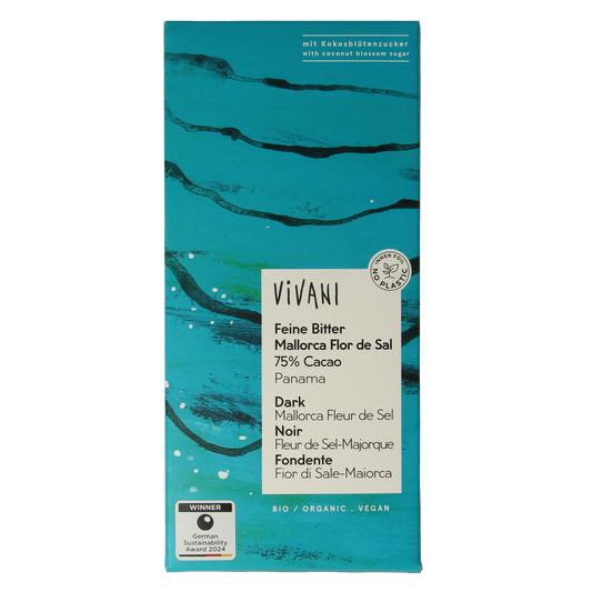 Vivani dark chocolate with sea salt and coconut blossom sugar, 80g, showcasing the chocolate bar with textured surface and ingredients.