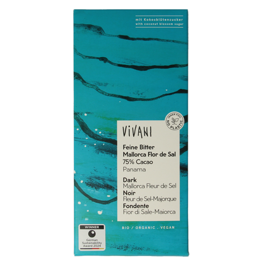 Vivani Chocolade puur zeezout 75% kokosbloesemsuiker bio 80 Gram