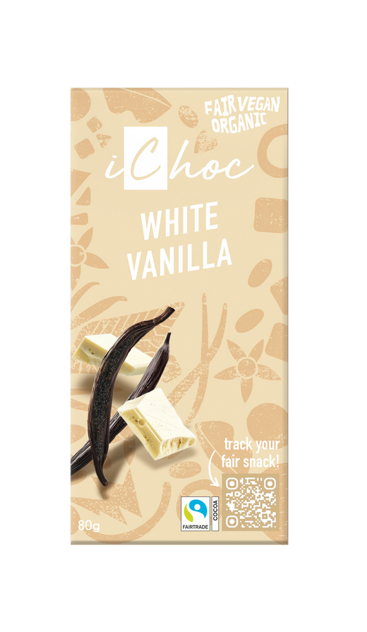 Ichoc White vanilla vegan organic chocolate bar, 80g, with white chocolate and vanilla flavor, showing the packaging and chocolate pieces.