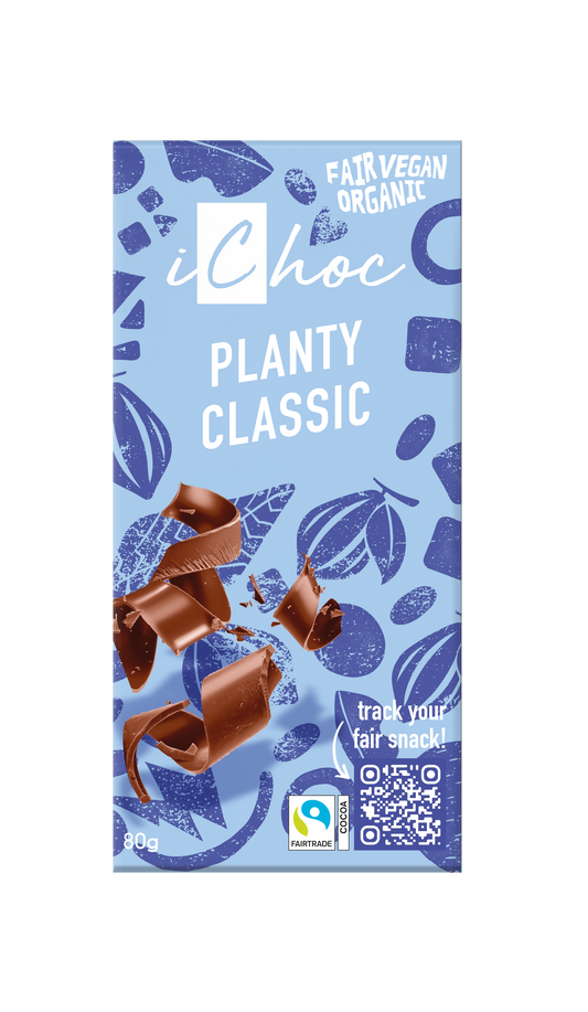 Ichoc Planty Classic Vegan Organic Chocolate bar, 80 grams, with visible dark chocolate pieces and natural ingredients.