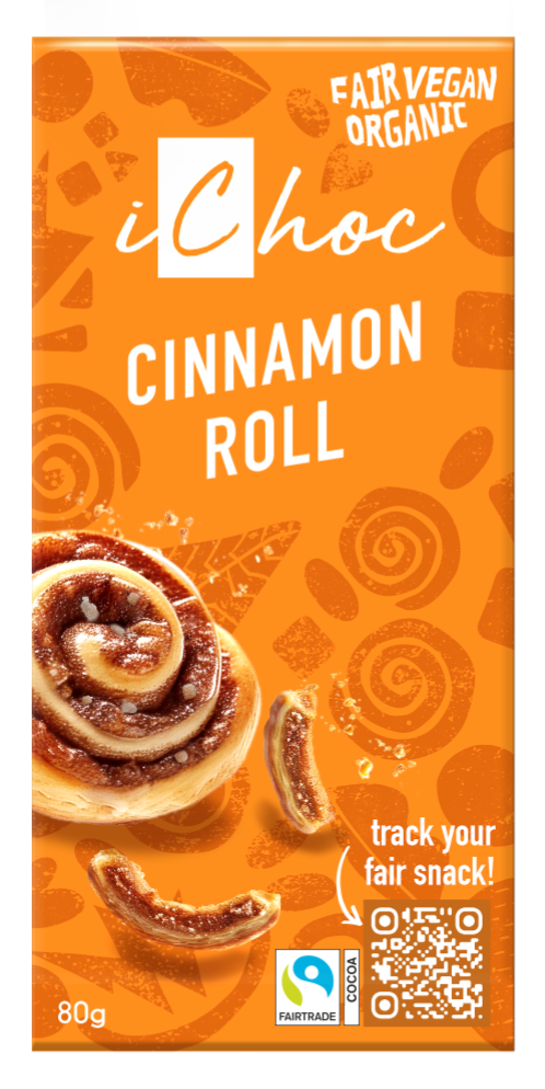 Vegan Ichoc cinnamon roll chocolate bar in an 80g package, rich chocolate with cinnamon flavor, natural and organic ingredients.