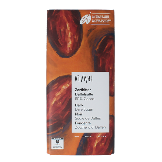 Vivani Chocolade puur 60% dadel gezoet bio 80.00 Gram