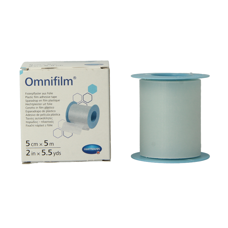 Hartmann Omnifilm fixatiepleister in 5m x 5cm, sterile adhesive film for wound fixation, shown on a medical surface.