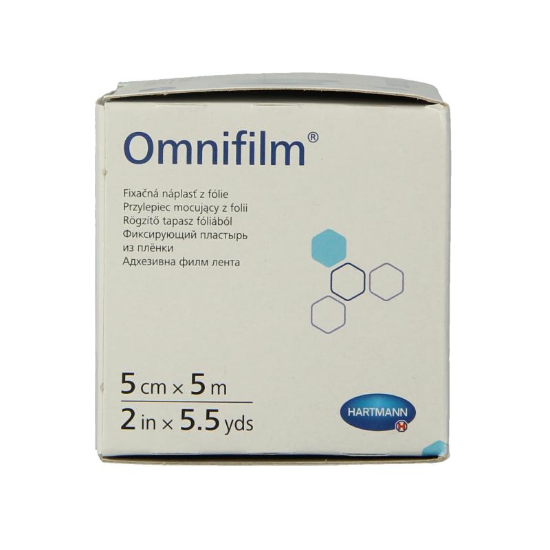 Hartmann Omnifilm fixatiepleister, sterile adhesive film, 5m x 5cm, for wound protection and secure fixation.