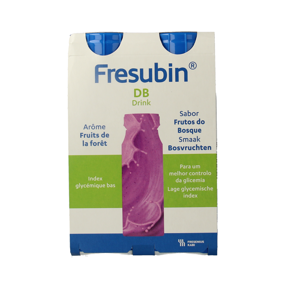 Fresubin DB drink bosvruchten, 200ml medical dietetic food, four bottles with fruit-flavored nutritional supplement.