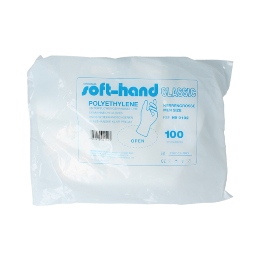 Softhand poly Herren research gloves, a pack of 100, showing blue disposable examination gloves for protective use.