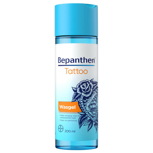 Bepanthen Tattoo Wasgel 200ml body care product with a white and blue tube, designed for tattoo skin care and healing