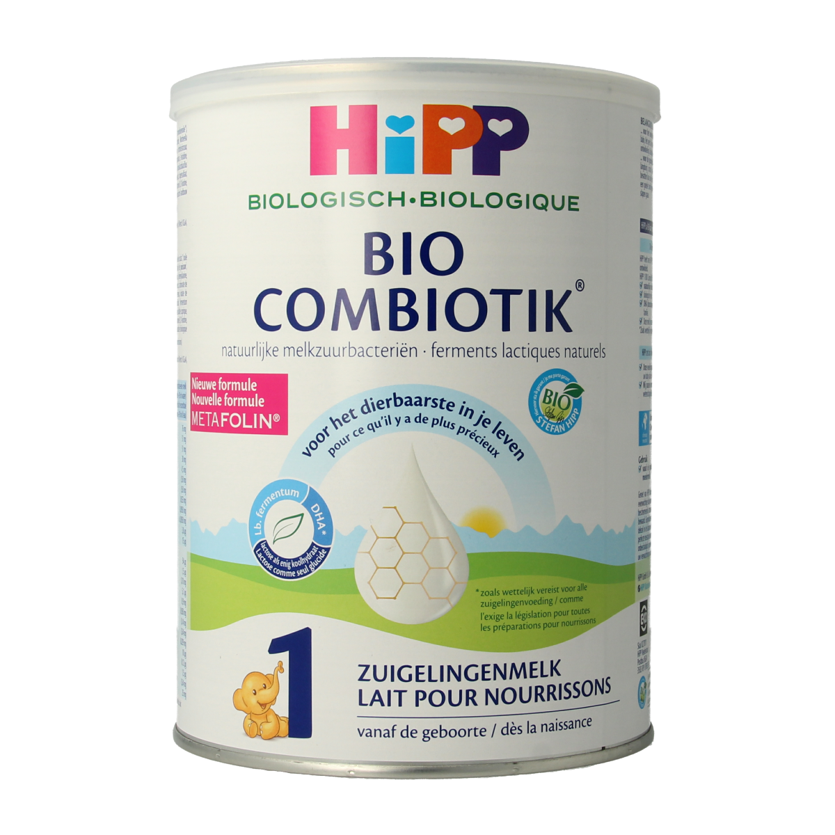 Hipp 1 Combiotik organic infant formula in an 800g container, baby and toddler nutrition product with a white and green label.