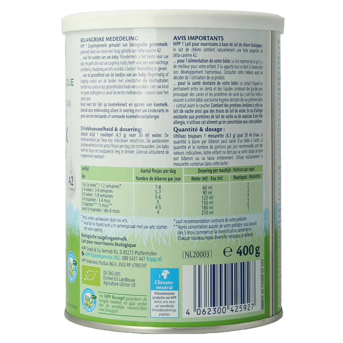 Hipp 1 Biologische zuigelingenmelk op basis van geitenm 400.00 Gram