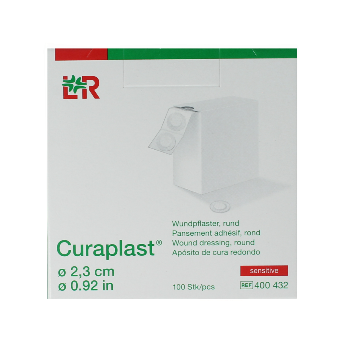 Curaplast Sensitive wound plasters, 2.3cm round, 100 pack, soft, skin-friendly adhesive bandages for sensitive skin.