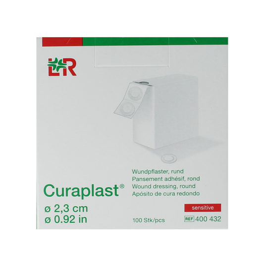 Curaplast Sensitive wound plasters, 2.3cm round, 100 pack, soft, skin-friendly adhesive bandages for sensitive skin.