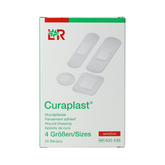 Curaplast Sensitive wound plasters mix, 20 pack, with flexible, gentle adhesive for sensitive skin, suitable for minor cuts and injuries.