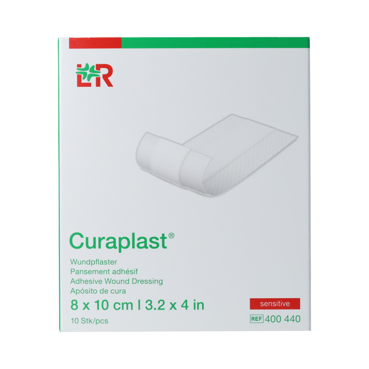 Curaplast Sensitive wound plaster 8cm x 10cm pack of 10, soft and skin-friendly adhesive bandages for minor cuts and injuries.