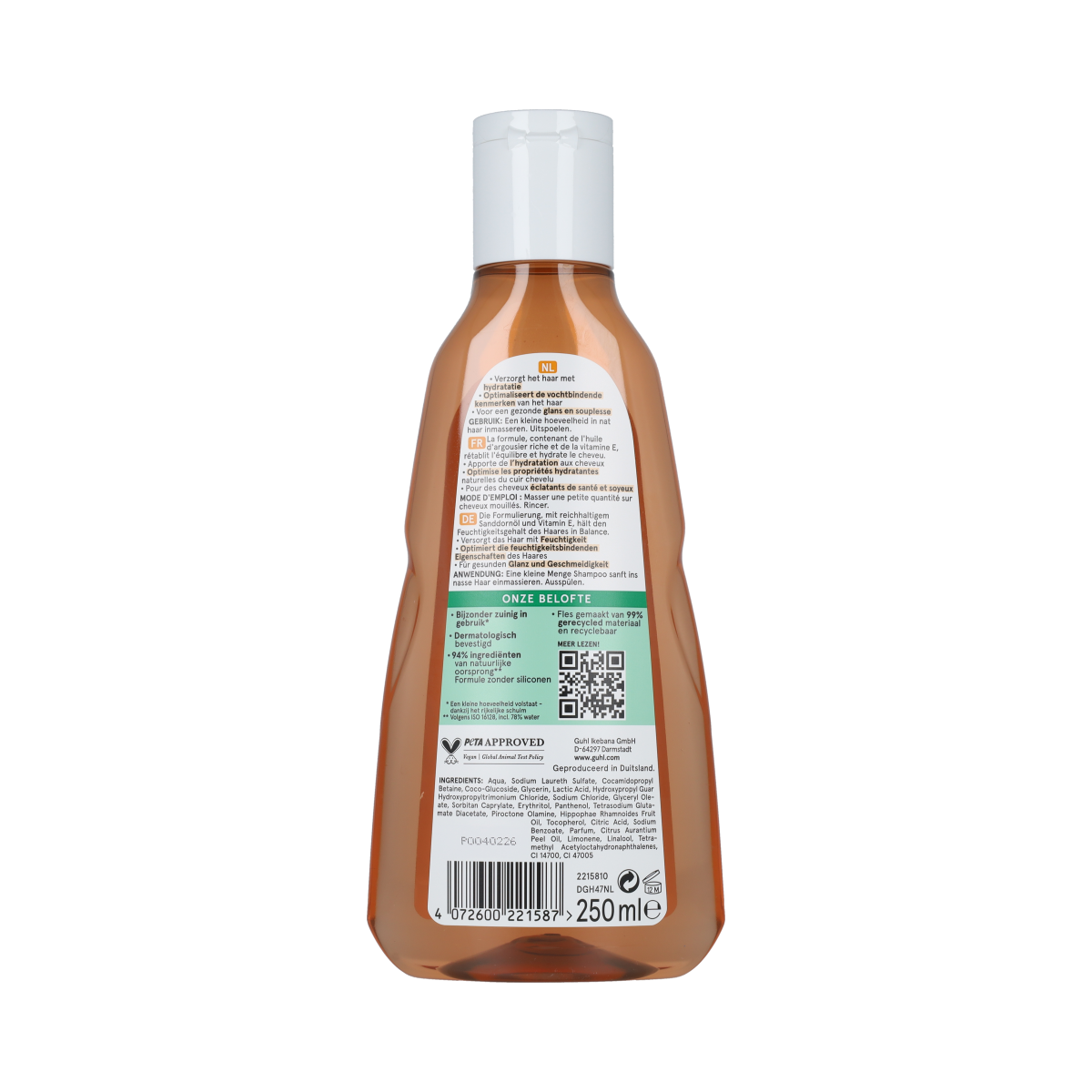 Guhl Vocht & Glans shampoo bottle, 250ml, a hair care product for moisture and shine, with a sleek design and label.
