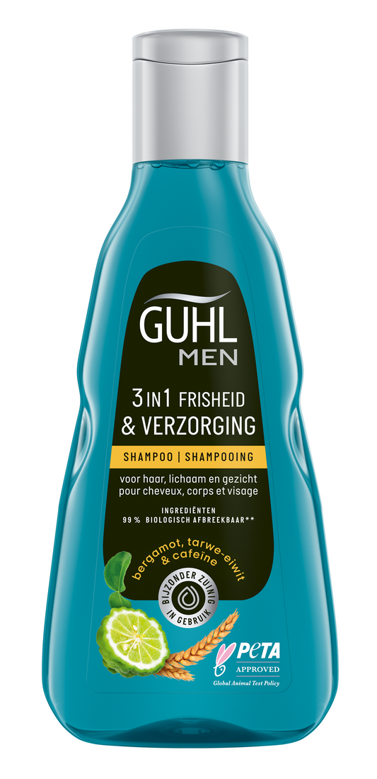 Guhl Man 3-in-1 hair care shampoo bottle, 250ml, designed for freshness and grooming in a sleek packaging