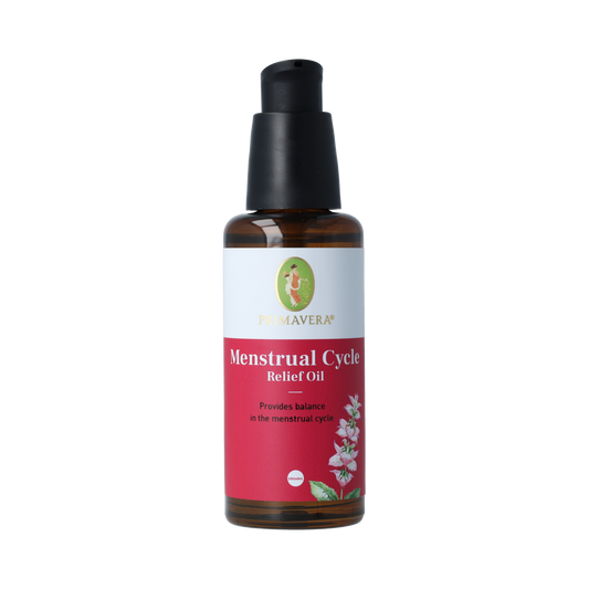 Primavera Menstrual Cycle Relief Oil 50ml with herbal essential oils, natural remedy for menstrual discomfort in a clear glass bottle