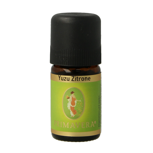 Primavera Yuzu Citroen essential oil bottle, 5ml, with clear label and orange-yellow liquid inside.