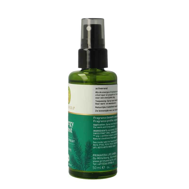 Primavera Roomspray Energy Boost in 50ml bottle, a geurverspreider with a fresh, invigorating scent for home use.