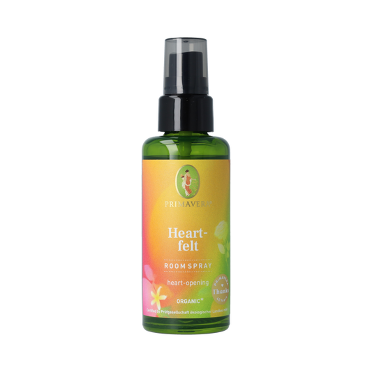 Primavera Huisparfum Heart-felt roomspray 50ml bottle with floral design, designed to freshen and scent indoor spaces naturally.