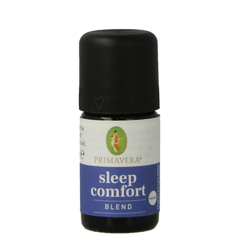 Primavera Sleep Comfort Blend bio essential oil in 5ml bottle, with amber glass and label showing product details.