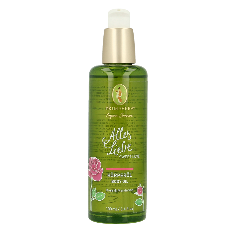 Primavera Sweet Love body oil in 100ml bottle, nourishing body care product with floral scent and smooth texture.