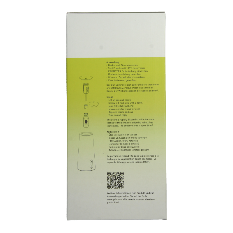 Primavera Aroma diffuser purist with essential oils, showcasing the diffuser and a bottle of Primavera essential oil.