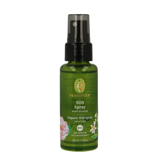 Primavera SOS bio spray for body care, 30ml, natural skincare product in a clear spray bottle.
