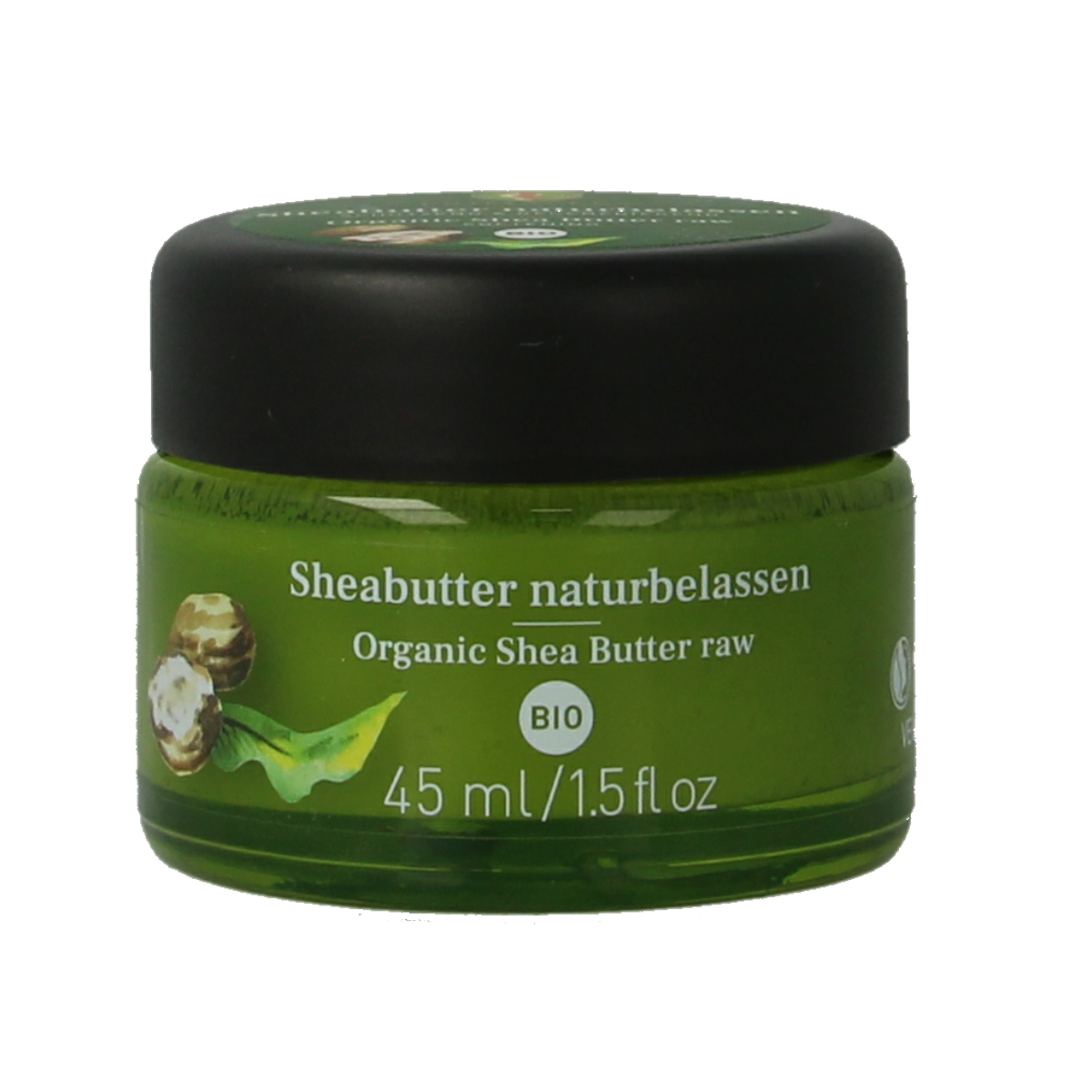 Primavera Shea Butter Raw Bio body care product in a 45ml container, natural and nourishing skincare for healthy skin.
