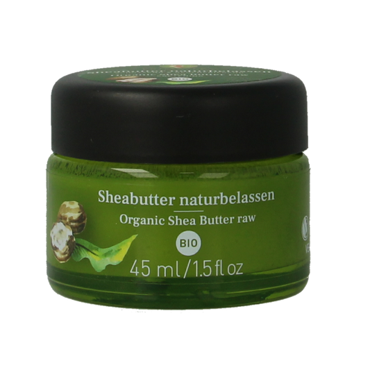 Primavera Shea Butter Raw Bio body care product in a 45ml container, natural and nourishing skincare for healthy skin.